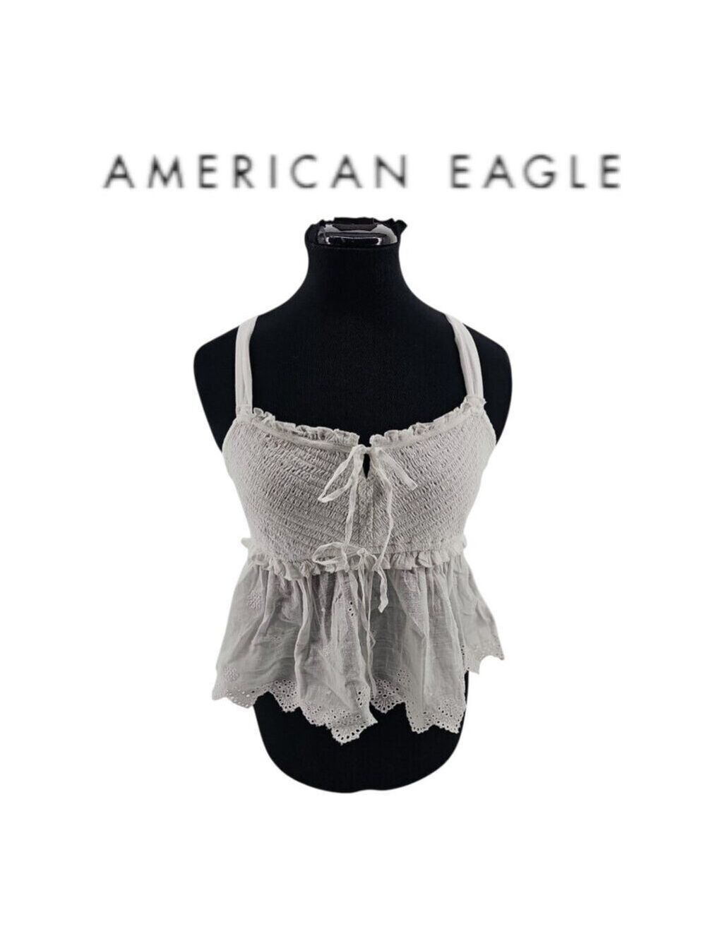 American Eagle White Smocked Babydoll Top Eyelet Ruffle Boho Tank